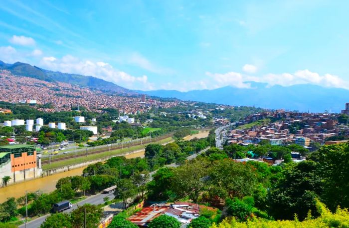 From the top of El Morro, you can see across the Rio Medellín and the nearby tram station.