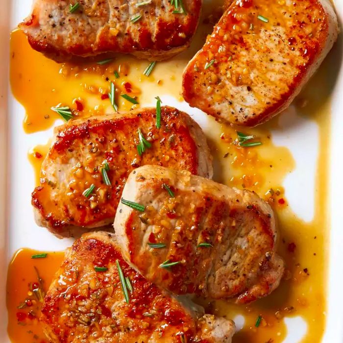 A white platter of Pork Chops with Apple Cider Glaze