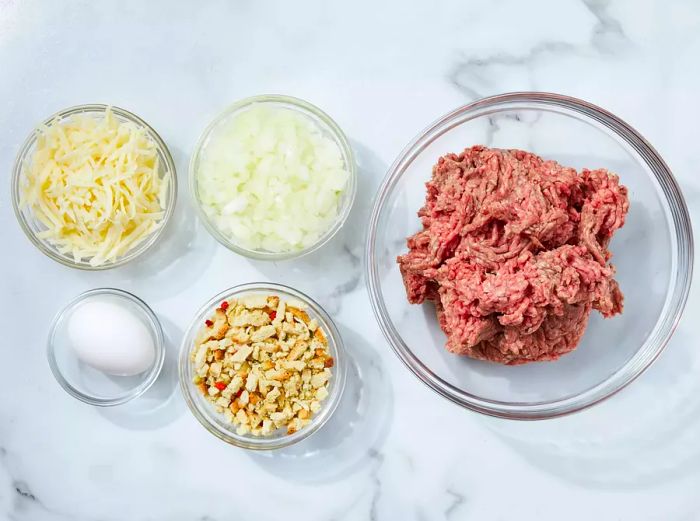 All ingredients are ready to prepare the stuffing meatloaf.