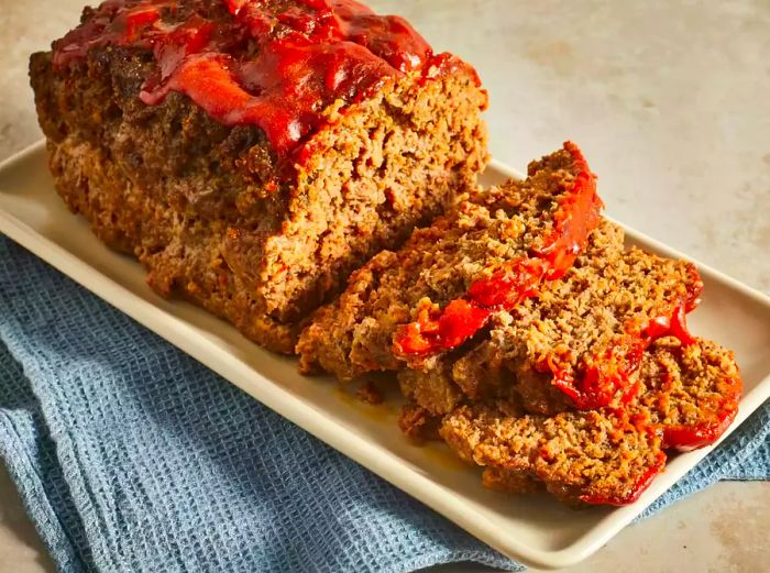 A close-up view of a sliced meatloaf displayed on a white platter.