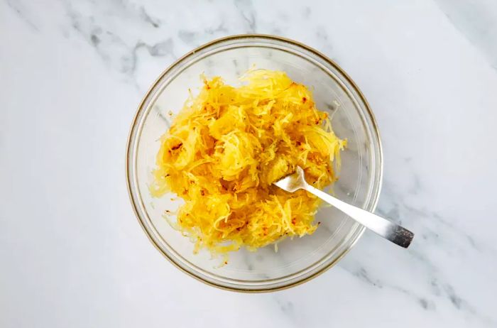 Bowl filled with roasted spaghetti squash strands