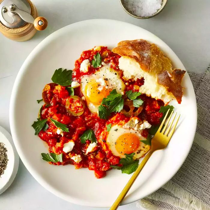 A close-up view of Shakshuka garnished with fresh herbs and served with toast on a white platter