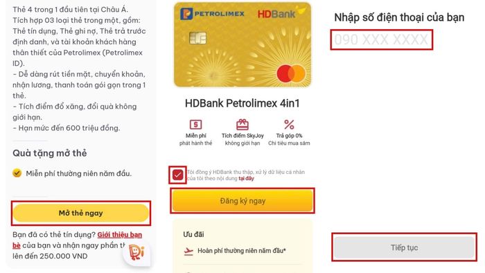 Quy trình mở thẻ tín dụng HDBank Online – Bước 1