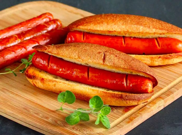 A close-up of two Basic Air Fryer Hot Dogs in crispy buns, alongside three uncooked sausages, on a wooden cutting board garnished with fresh herbs.