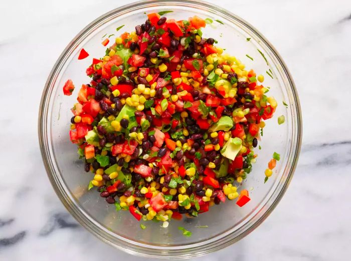 Black Bean and Corn Salad served in a glass bowl