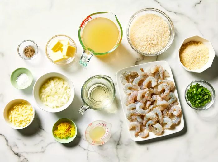 All ingredients ready for making one-pan shrimp and rice.