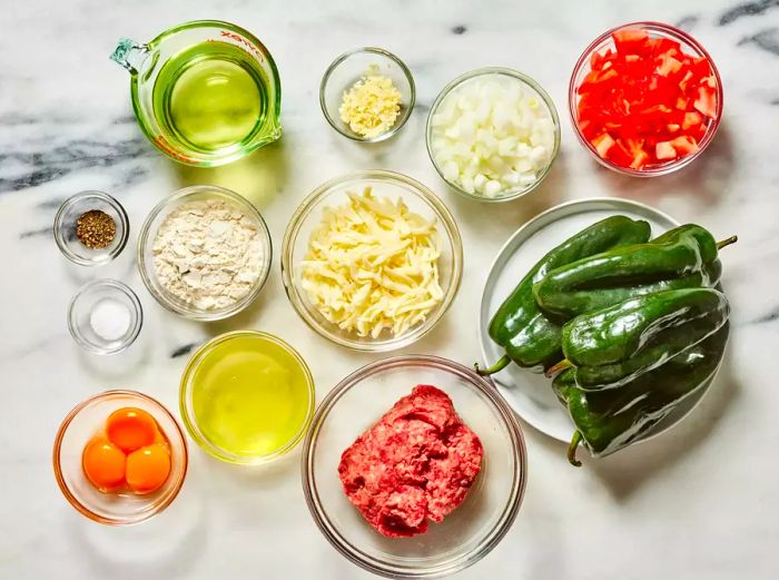 Ingredients prepared for making chiles rellenos