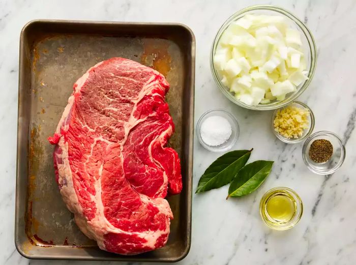 Top-down view of ingredients for Beef Pot Roast dish