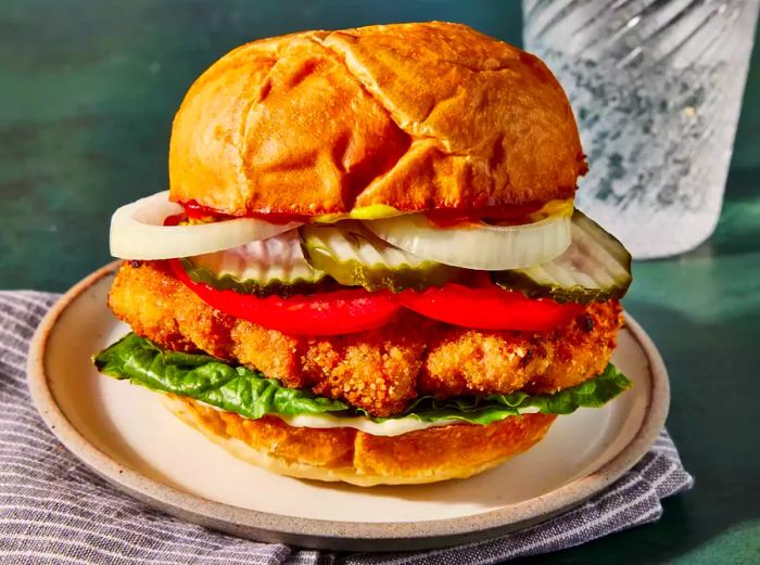 Breaded tenderloin sandwich topped with a variety of fixings.