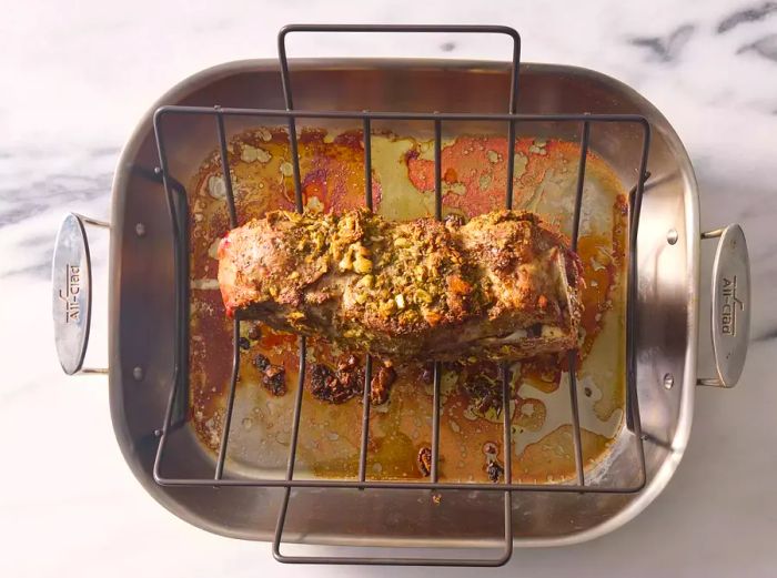 Pork roasted with the skin-side down at the start