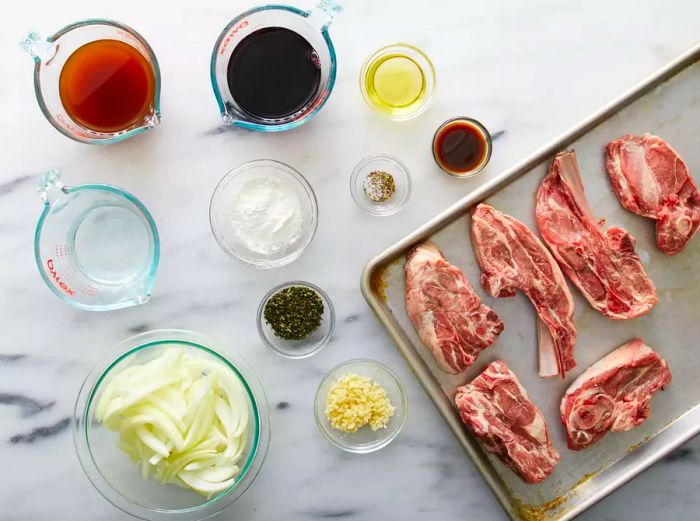 Aerial view of all ingredients for Braised Lamb Shoulder Chops