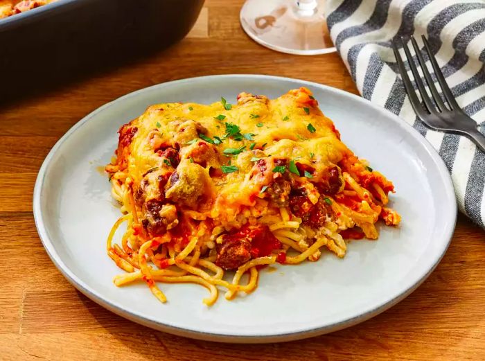 Close-up of a serving of million dollar spaghetti