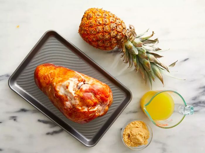 All the ingredients are ready to prepare the brown sugar and pineapple glazed ham.