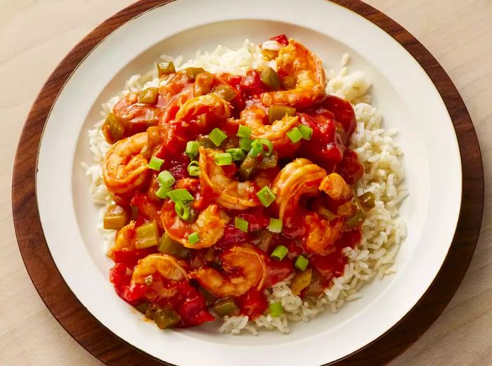 A close-up of a plate filled with Louisiana shrimp Creole.