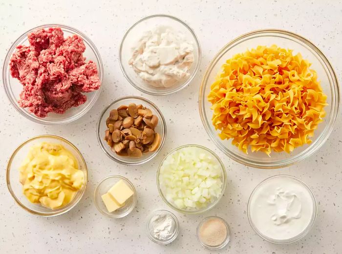 All ingredients ready for a quick and easy hamburger stroganoff.