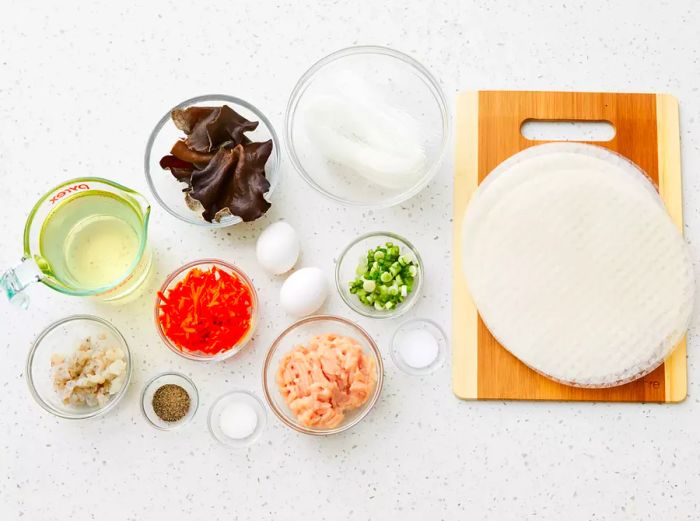 All the ingredients are prepared for making Vietnamese spring rolls.