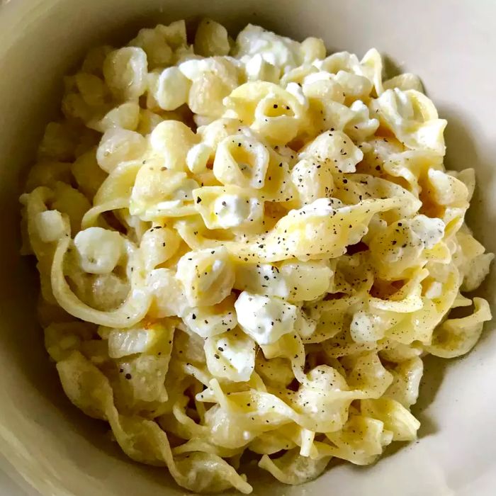 Close-up view of a bowl filled with cottage cheese and noodles