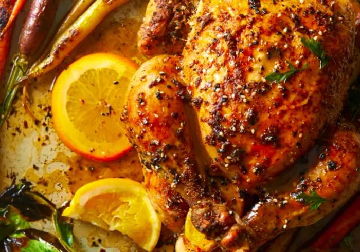 A whole chicken roasting in a pan alongside carrots and orange slices.