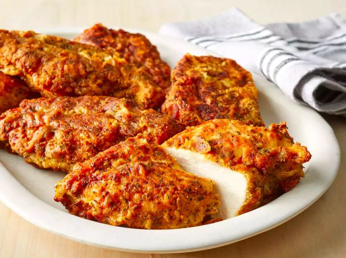 Mid-angle view of a plate featuring golden-brown, tender pan-fried chicken breasts, with one piece sliced in half