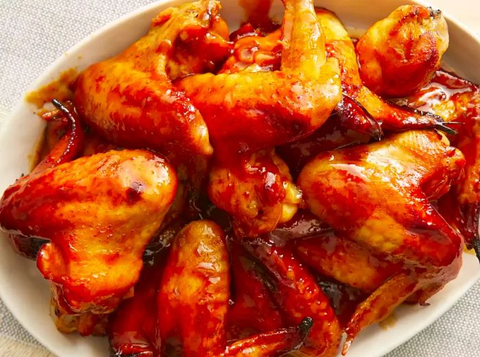 Top-down view of a shallow bowl filled with BBQ chicken wings