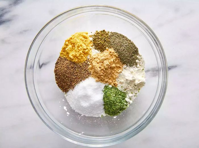 Birds-eye view of the spice blend prepared for the chicken in a bowl