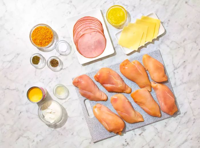 All the ingredients ready to prepare the cordon bleu chicken rolls.