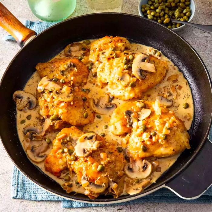 A close-up shot of chicken fillets with mushrooms, sauce, and capers sizzling in a pan.