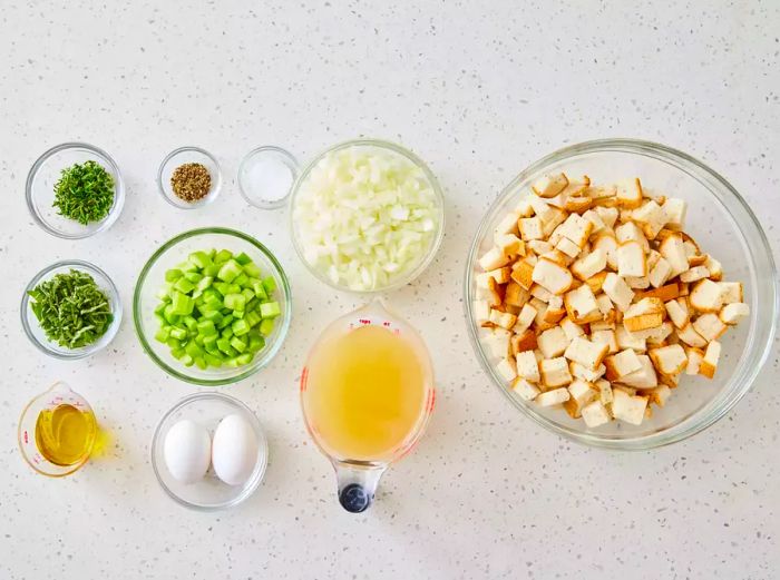 Ingredients for making gluten-free Thanksgiving stuffing