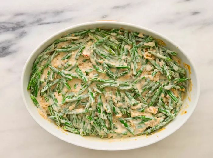 A golden-brown, baked green bean casserole