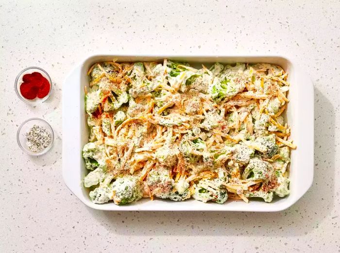 The broccoli cheese casserole is perfectly seasoned and ready to go into the oven.