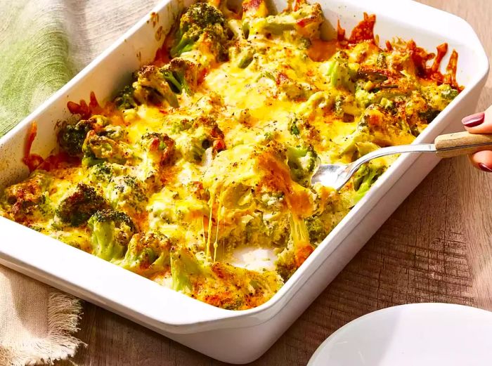 The delicious broccoli and cheese casserole being served up.