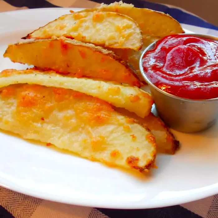 Golden, oven-baked potato wedges served with a side of ketchup on a simple white plate