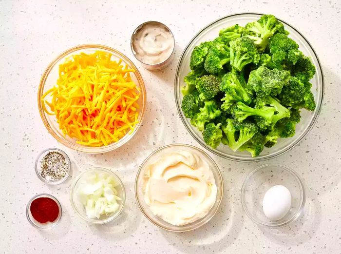 All ingredients neatly arranged in glass bowls.