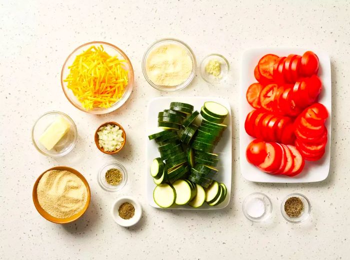 Ingredients for making a Tomato Zucchini Casserole