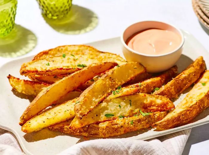 a plate of crispy, seasoned potato wedges accompanied by a dipping sauce