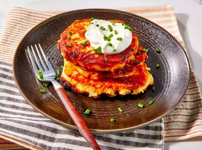 A plated stack of golden potato cakes topped with a dollop of sour cream and garnished with sliced chives.