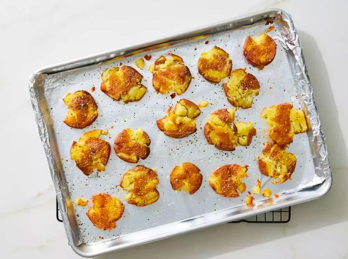 Golden-brown, crispy smashed potatoes with a perfect crunch.