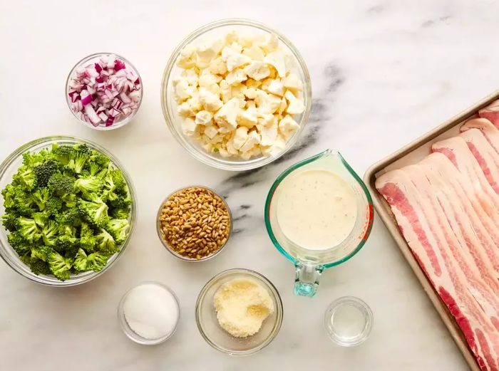 All ingredients are ready to make the broccoli-cauliflower salad.