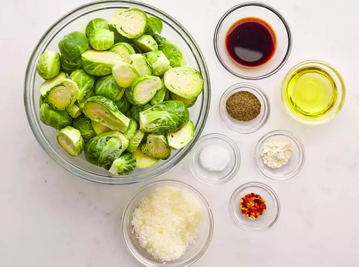 Ingredients for Roasted Brussels Sprouts with Parmesan in Glass Bowls