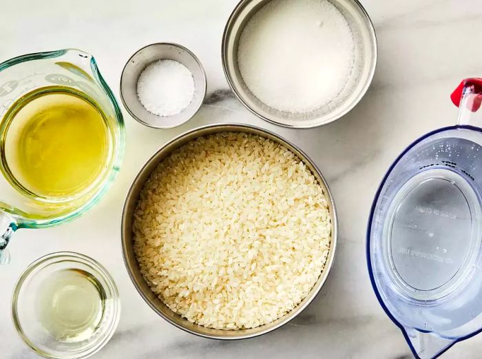 Aerial view of the measured ingredients ready for making sushi rice.