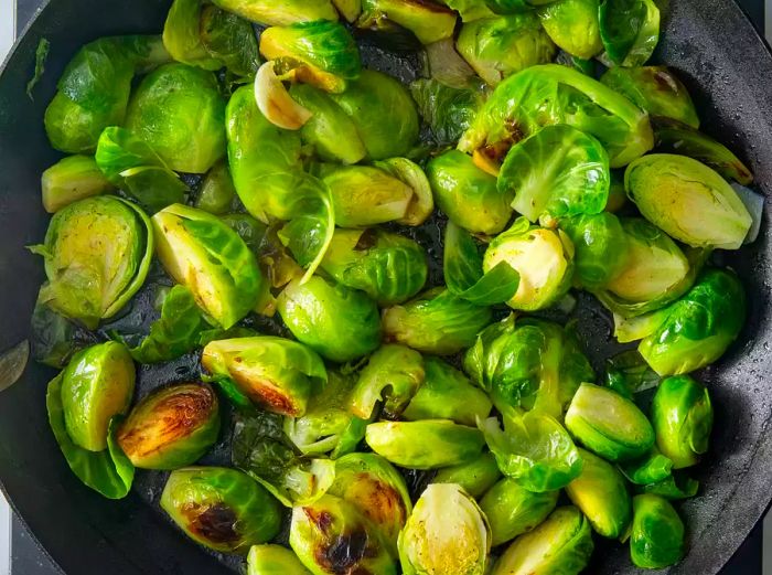 A bird's-eye view of perfectly sautéed Brussels sprouts.