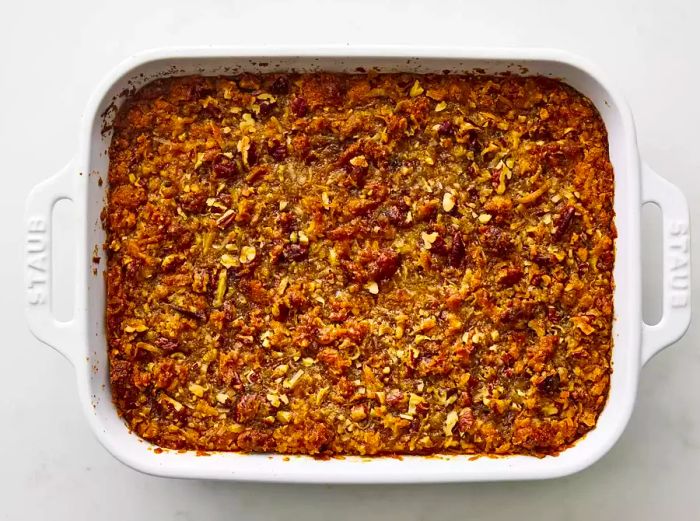 The sweet potato soufflé is baked to perfection, with a golden-brown top.