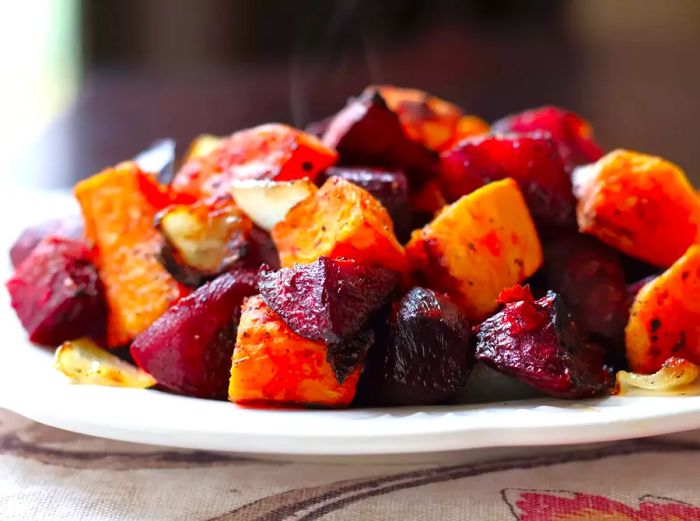 Roasted diced beets and sweet potatoes