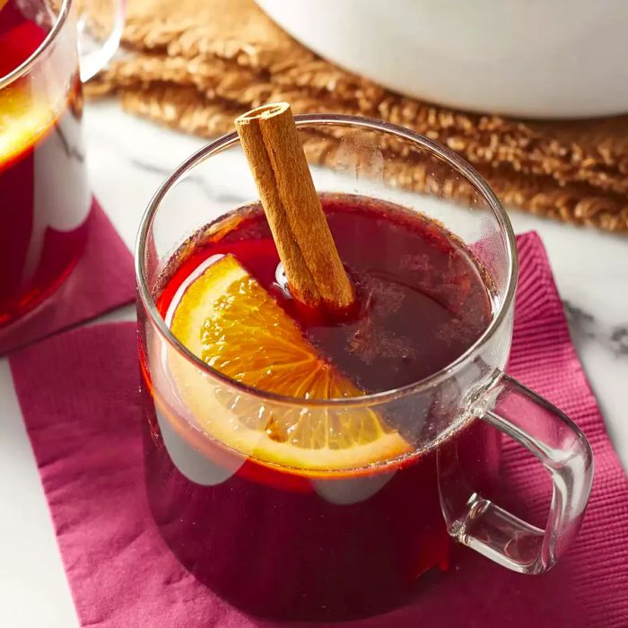 A high-angle shot of a mug filled with Glühwein