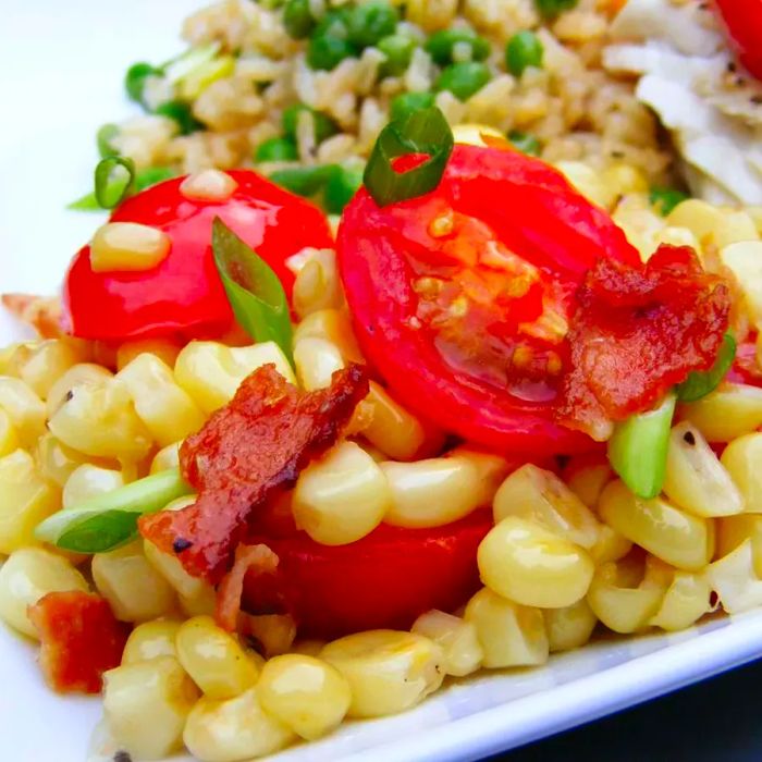 A plate of Fresh Corn and Tomato Bake