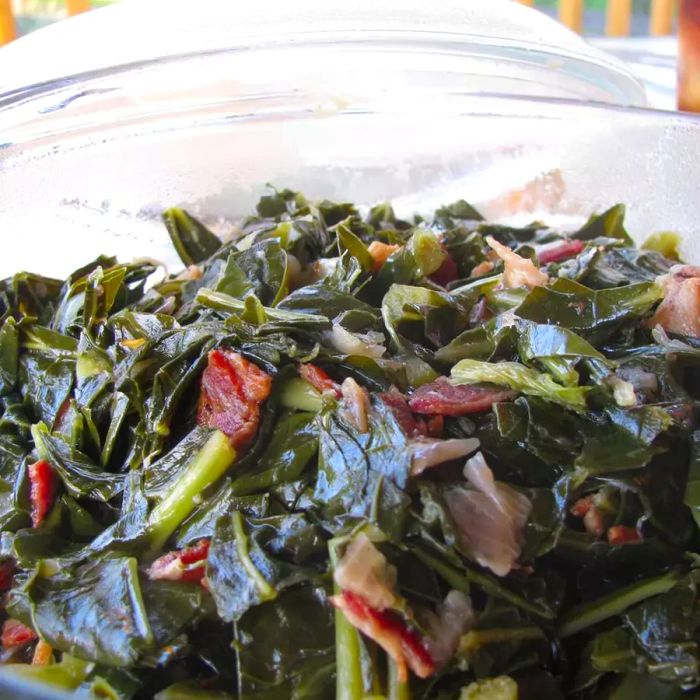 Collard greens served in a glass bowl