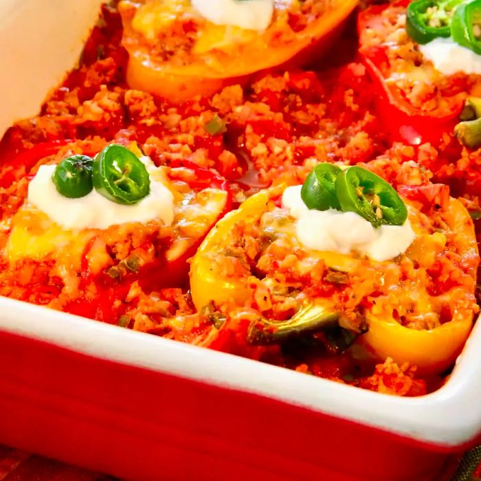 Low Carb Turkey-Stuffed Peppers in a red dish