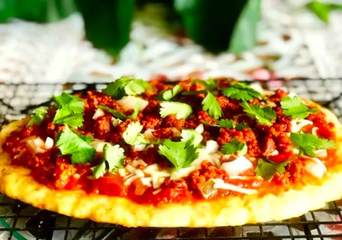 Keto Fathead Pizza with Chorizo and Salsa