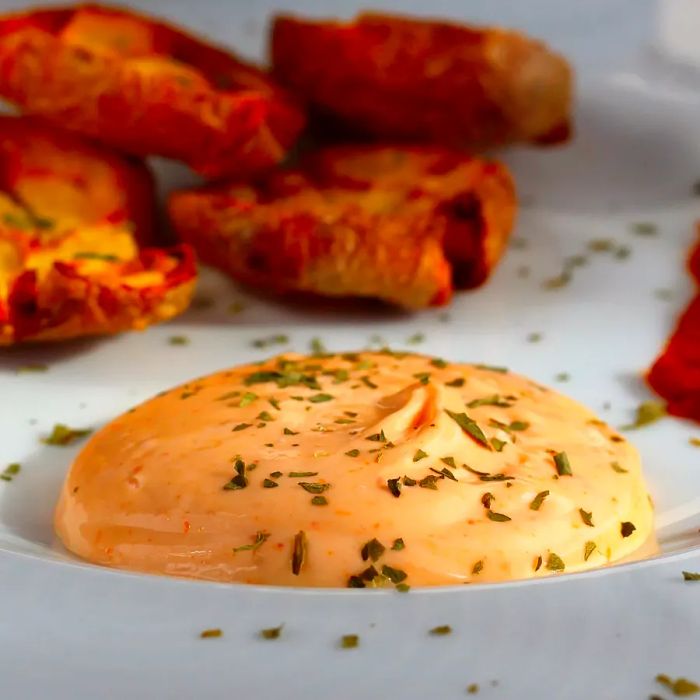 A low-angle view of a small serving of harissa aioli on a plate