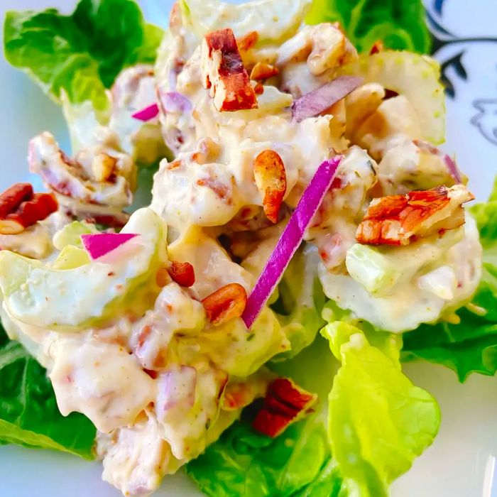 Chicken salad with pecans served in a lettuce wrap